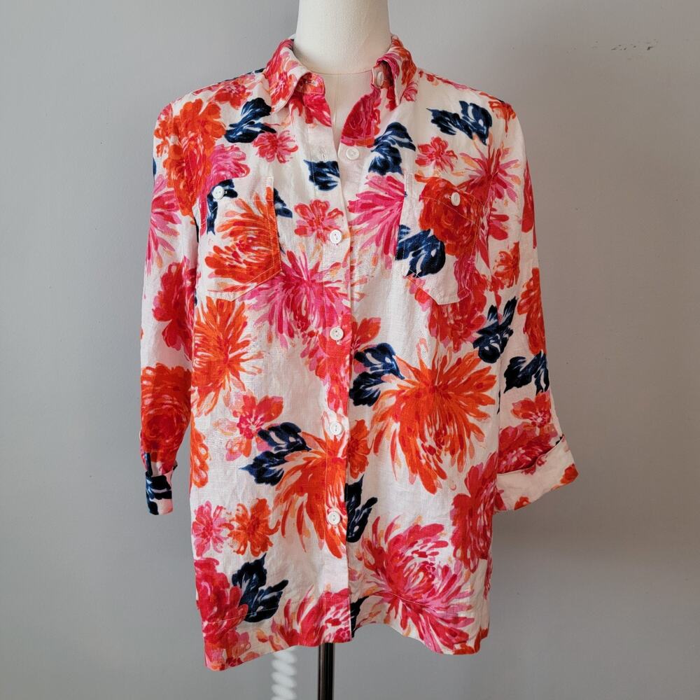 Jones NY 100% Linen Floral Button Tropical Top 3/4 Sleeve Office Cruise Resort M